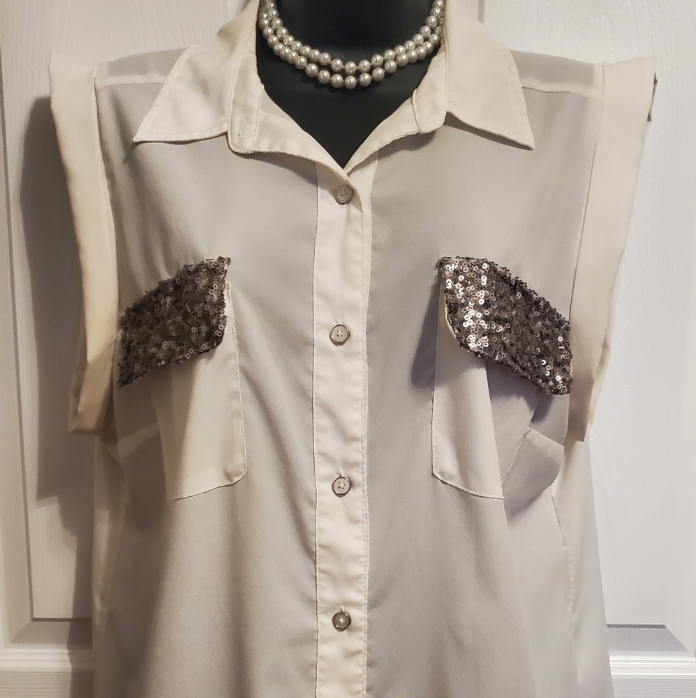 3/$24 - CANDIE'S White/Ivory Sequin Pocket Shirt
